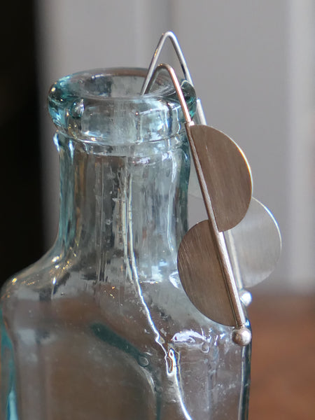 Silver Drop Earrings with Two Brushed Semi-Circular Beads