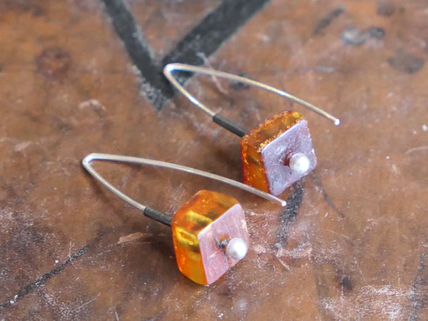 Thread Through Drop Earrings with Amber Cubes