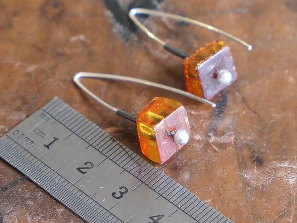 Thread Through Drop Earrings with Amber Cubes