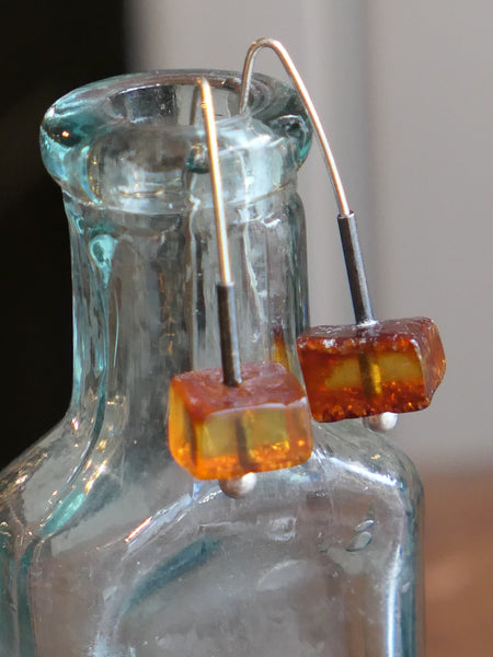 Thread Through Drop Earrings with Amber Cubes