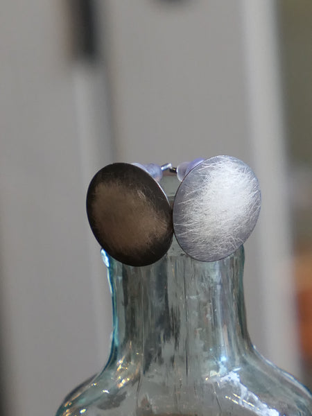 Brushed Oxidised Silver Disk Studs