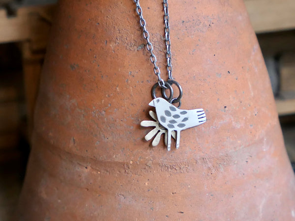 Silver Bird and Medium Bronze Daisy Charm Pendant