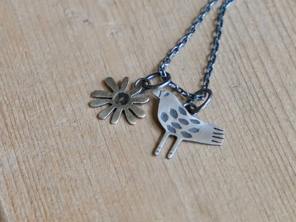 Silver Bird and Medium Bronze Daisy Charm Pendant
