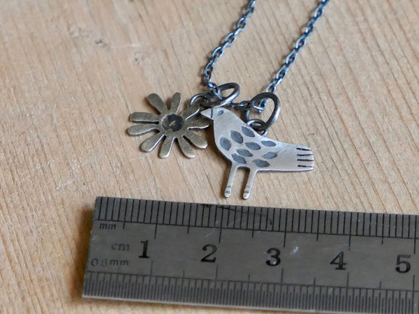 Silver Bird and Medium Bronze Daisy Charm Pendant