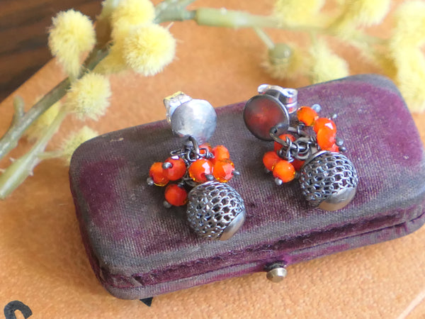 Hanging Ball Earrings with Coral Red Crystal Beads