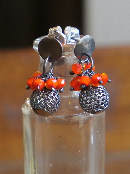 Hanging Ball Earrings with Coral Red Crystal Beads