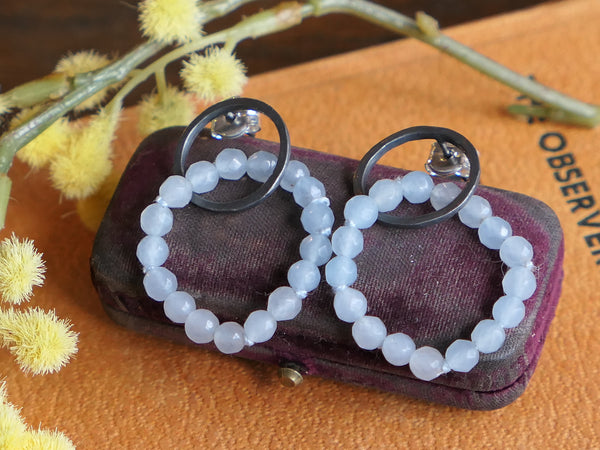 Oxidised Circle and Blue Agate Earrings